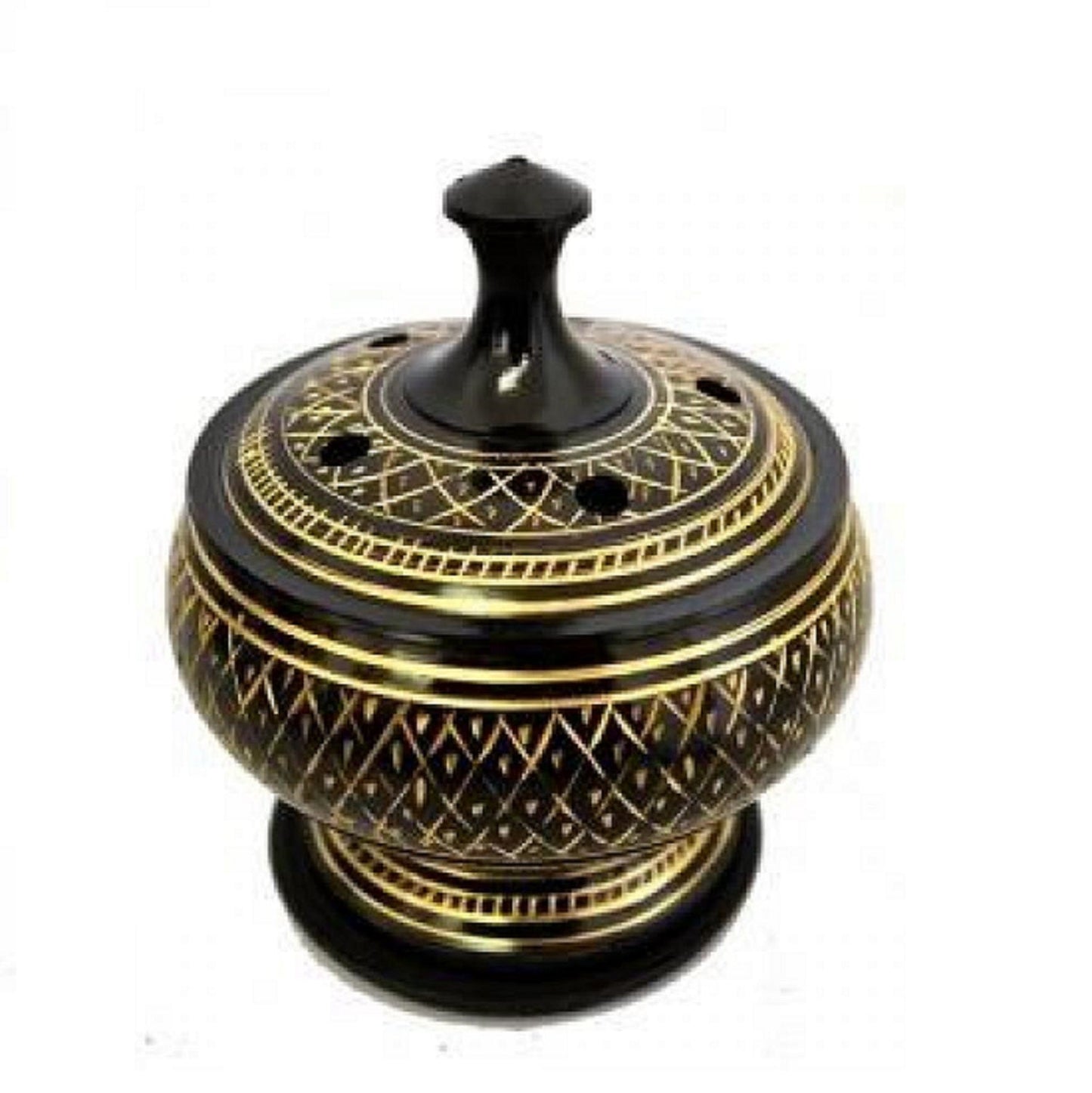 Black Carved Brass Burner with lid - Resin, smudge & cone 3.5" -Height