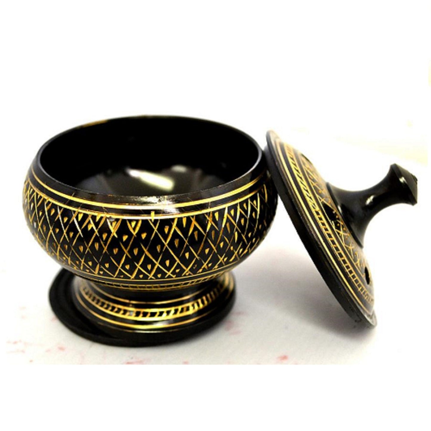 Black Carved Brass Burner with lid - Resin, smudge & cone 3.5" -Height