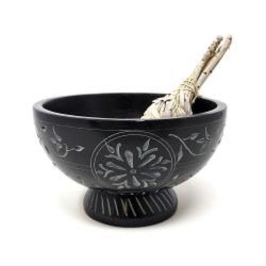 Floral hand carved Black Soap Stone Bowl 5" x 3"