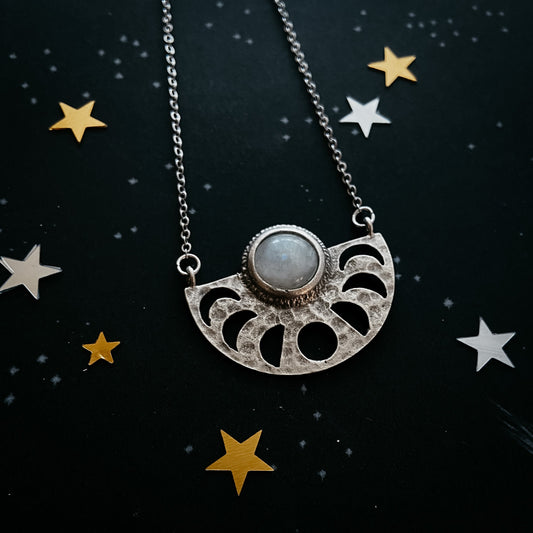 Moon Goddess Necklace - Moon Phases Rainbow Moonstone Pendant