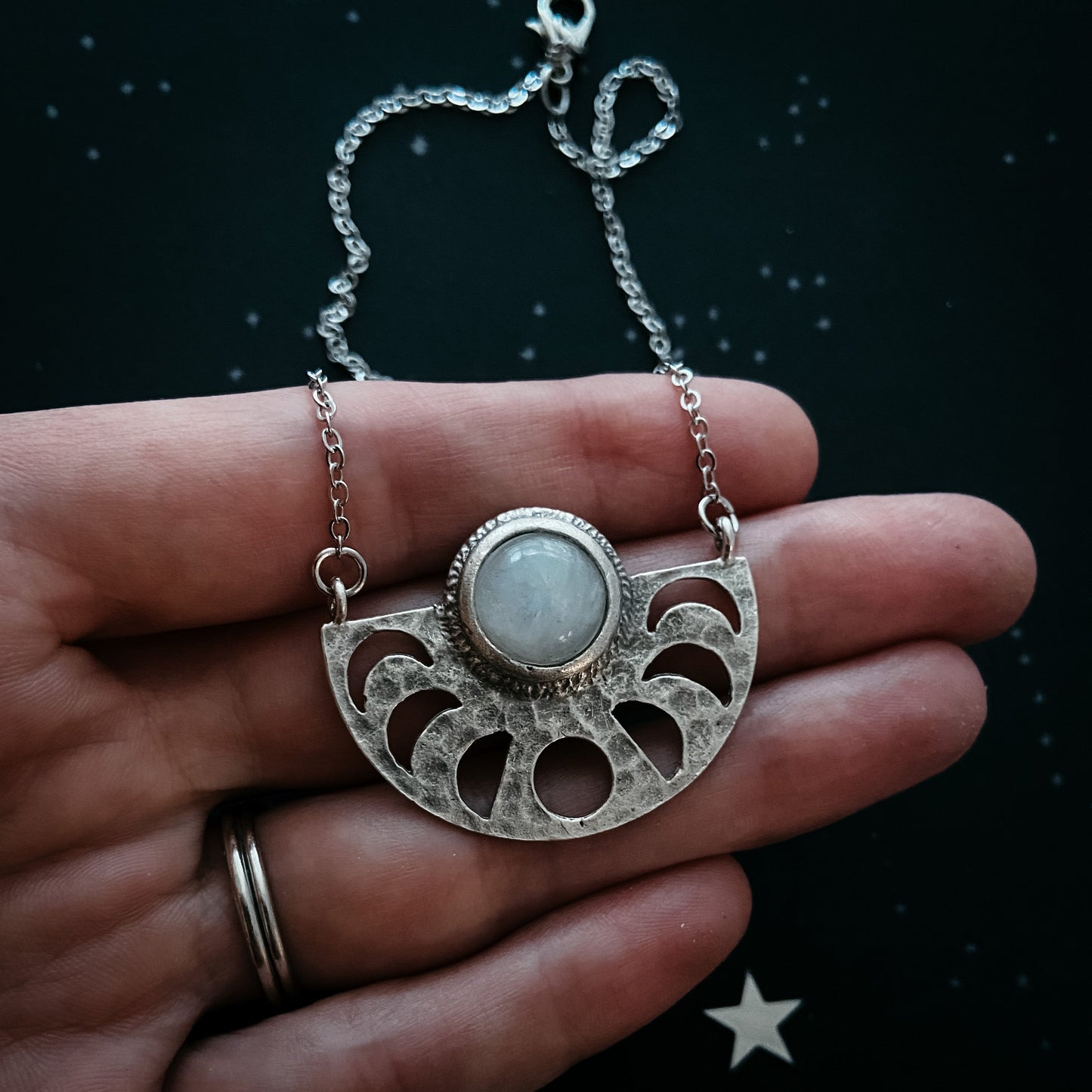 Moon Goddess Necklace - Moon Phases Rainbow Moonstone Pendant