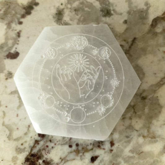 Engraved Selenite Hexagon Celestial Plate